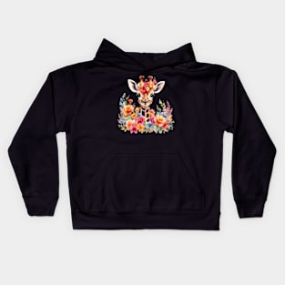 A giraffe decorated with beautiful watercolor flowers Kids Hoodie